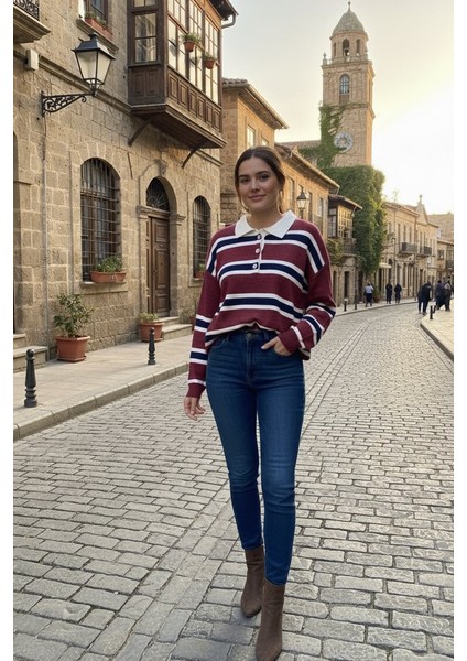 Polo Yaka Çizgili Önü Düğmeli Kazak fiyatları