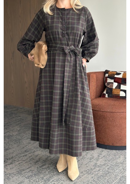 Haki Ekoseli Kuşaklı Uzun Elbise - 1235