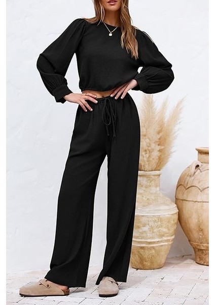 Keten Yazlık Yüksel Bel Pantolon Balon Kol Tasarım Bluz Ikili Takım Alt Üst