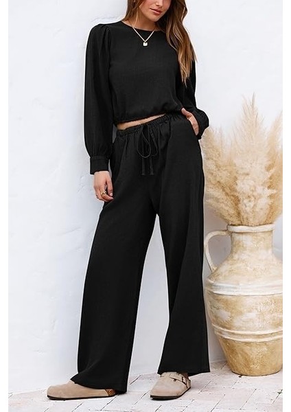 Keten Yazlık Yüksel Bel Pantolon Balon Kol Tasarım Bluz Ikili Takım Alt Üst modelleri