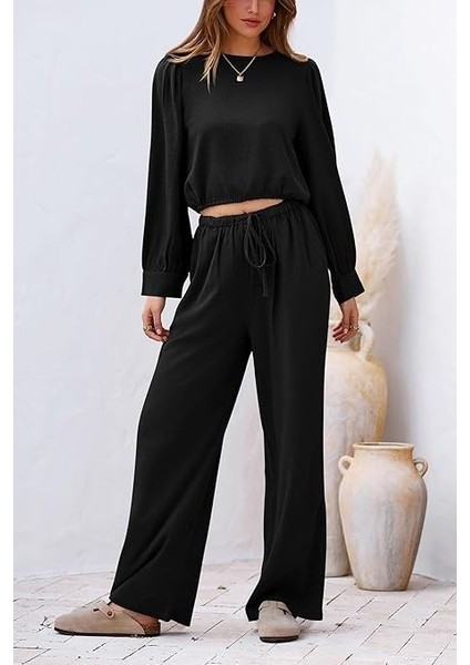 Keten Yazlık Yüksel Bel Pantolon Balon Kol Tasarım Bluz Ikili Takım Alt Üst indirimleri