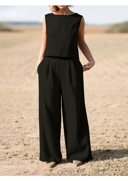 Keten Günlük Rahat Kolsuz Alt Üst Kadın Takım fiyatları