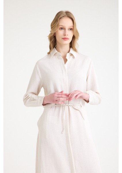 Keten Günlük Rahat Beli Bağcık Detaylı Uzun Kol Elbise fiyatları