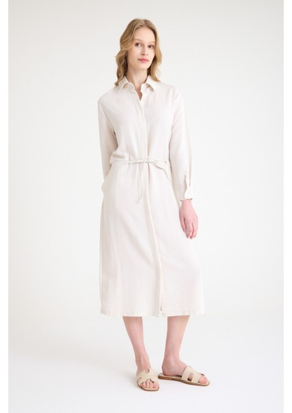 Keten Günlük Rahat Beli Bağcık Detaylı Uzun Kol Elbise modelleri