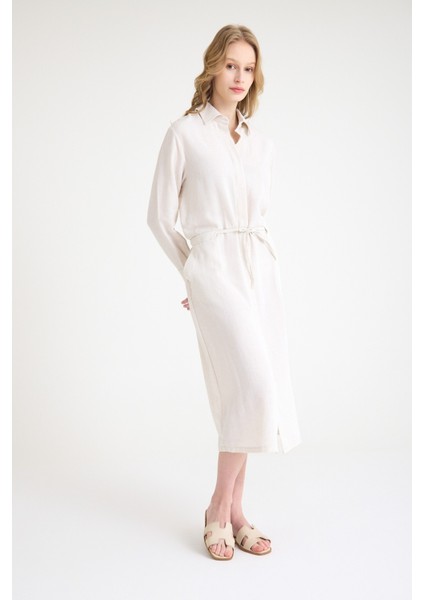 Keten Günlük Rahat Beli Bağcık Detaylı Uzun Kol Elbise fırsatları