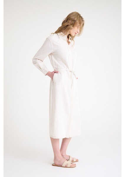 Keten Günlük Rahat Beli Bağcık Detaylı Uzun Kol Elbise indirimleri