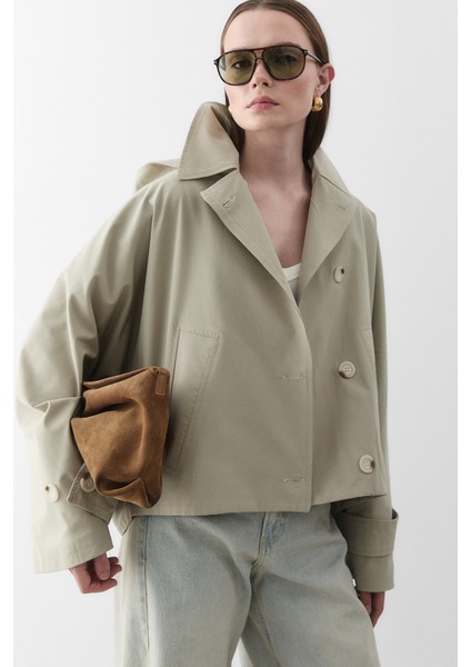 Mint Kapüşonlu Kısa Trençkot - 7003