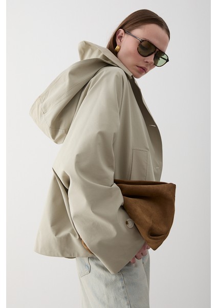 Mint Kapüşonlu Kısa Trençkot - 7003