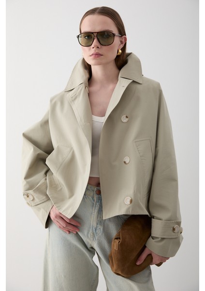 Mint Kapüşonlu Kısa Trençkot - 7003