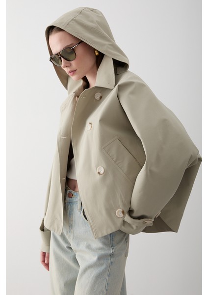 Mint Kapüşonlu Kısa Trençkot - 7003