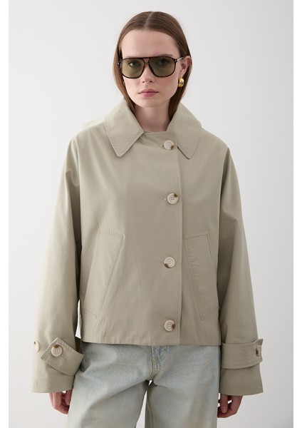 Mint Kapüşonlu Kısa Trençkot - 7003