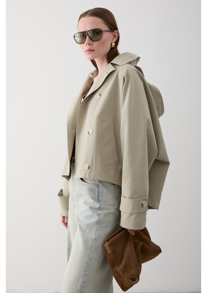 Mint Kapüşonlu Kısa Trençkot - 7003