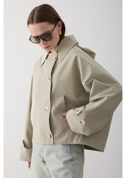 Mint Kapüşonlu Kısa Trençkot - 7003