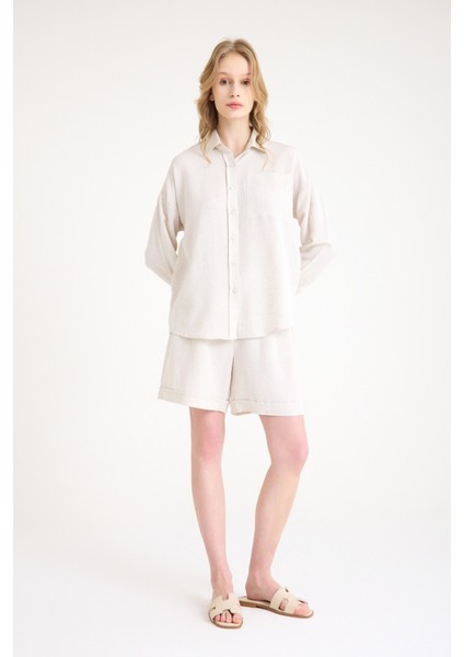 Keten Yazlık Uzun Kol Gömlek Şort Ikili Takım