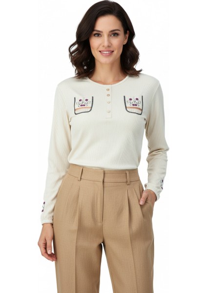 Kadın Badi Bluz Gofre Kumaş Sümbül Nakışlı Likralı Yuvarlak Yaka Uzun Kollu Normal Kesim