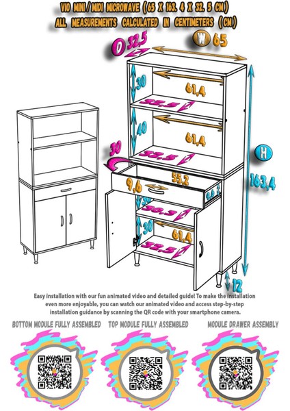 VİO Fırın Dolabı (65x163,4x32.5 cm) Çekmeceli Kapaklı Mini/Midi Mikrodalga Mutfak Dolabı