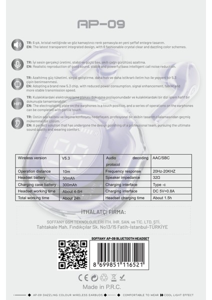 AP09-010 TWS Bluetooth Kulaklık Bileklik Lila modelleri