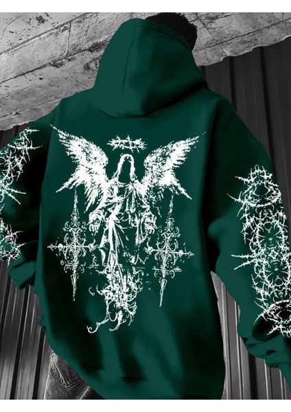 Büyük Beden Özel Tasarım Kapüşonlu Gothıc Dikenler Sırt Baskılı Hip Hop Erkek Sweatshırt