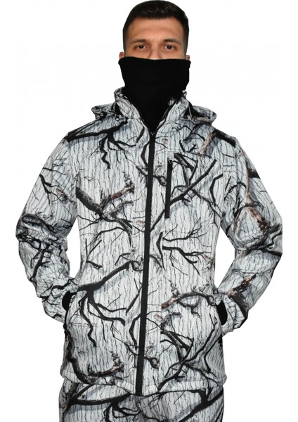 Beyaz Soft Shell Mont Avcı Saz Kar Desen Çift Kat Polarlı