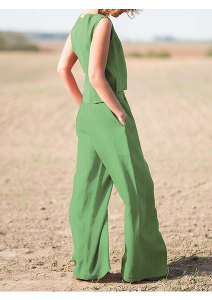 Keten Günlük Rahat Kolsuz Alt Üst Kadın Takım