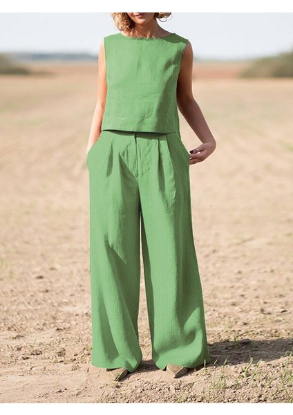 Keten Günlük Rahat Kolsuz Alt Üst Kadın Takım fiyatları