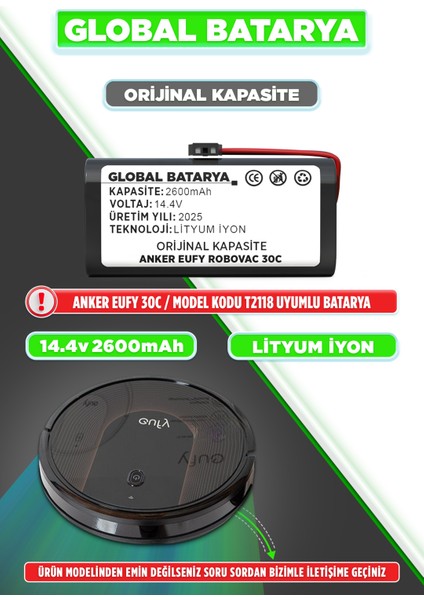 Anker Eufy Robovac 30C Akıllı Robot Süpürge Bataryası 14.4V 2600mAh Pil Li-ion (Orijinal Kapasite)