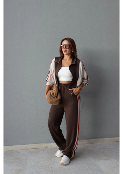 Kahve Yan Şerit Detay Ceket Eşofman Takım