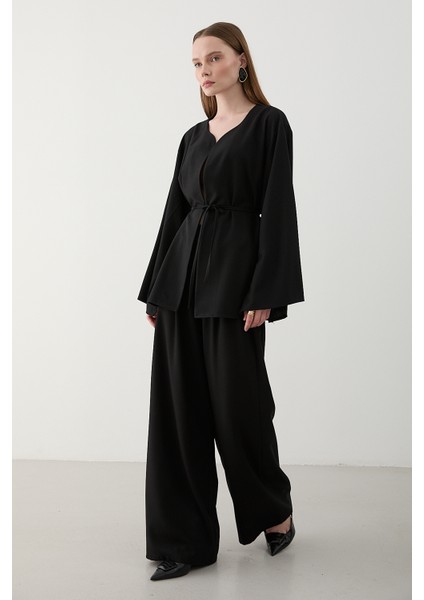 Siyah Ipli Kimono Takım - 8864