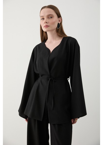 Siyah Ipli Kimono Takım - 8864
