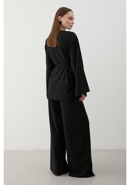 Siyah Ipli Kimono Takım - 8864