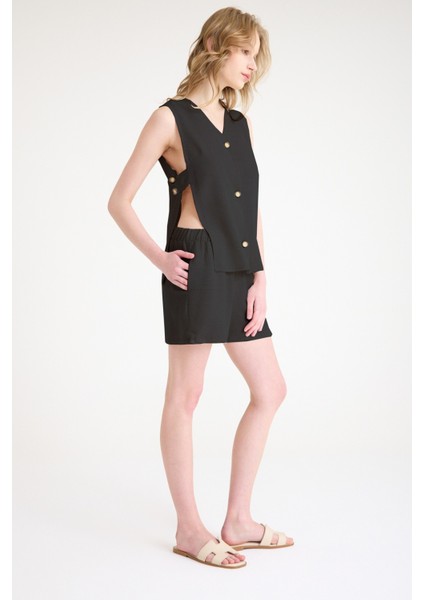 Keten Yazlık Dekolteli Kolsuz Bluz Şort Ikili Siyah Takım