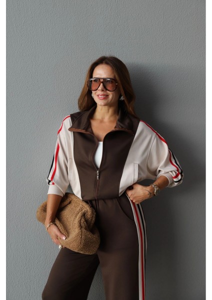 Kahve Yan Şerit Detay Ceket Eşofman Takım modelleri