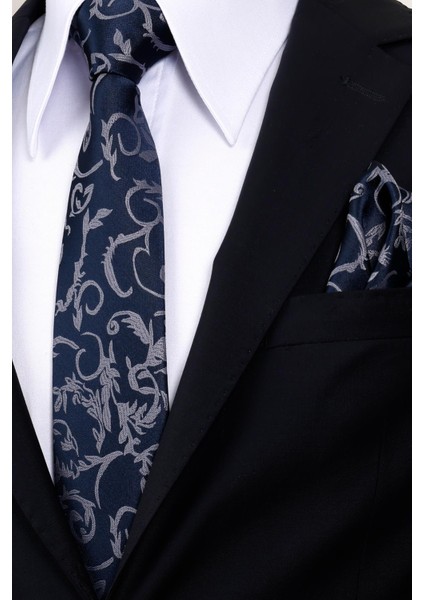 8 cm Lacivert Gri Desenli Hand Made Klasik Geniş Mendilli Kravat fiyatları
