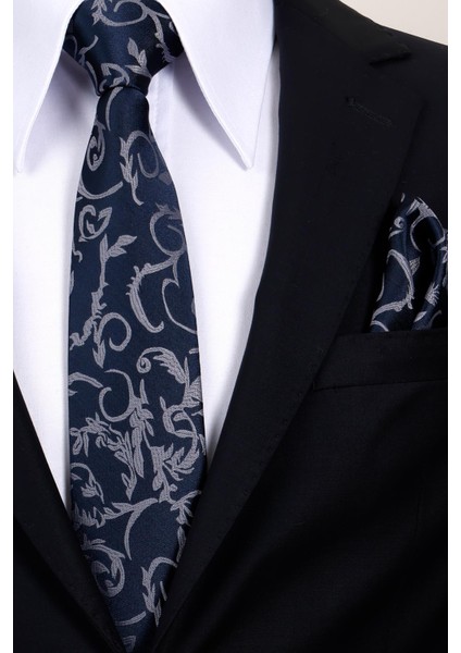8 cm Lacivert Gri Desenli Hand Made Klasik Geniş Mendilli Kravat modelleri