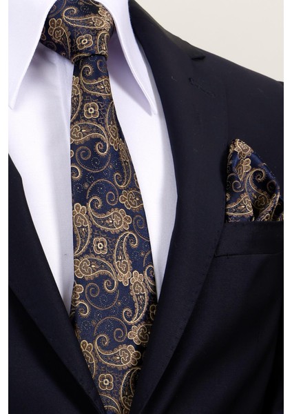 8 cm Hand Made Lacivert - Bej Şal Desen Mendilli Kravat