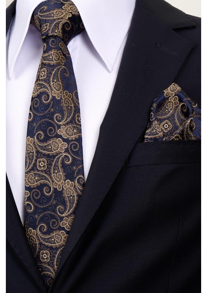 8 cm Hand Made Lacivert - Bej Şal Desen Mendilli Kravat fiyatları