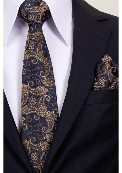 8 cm Hand Made Lacivert - Bej Şal Desen Mendilli Kravat modelleri