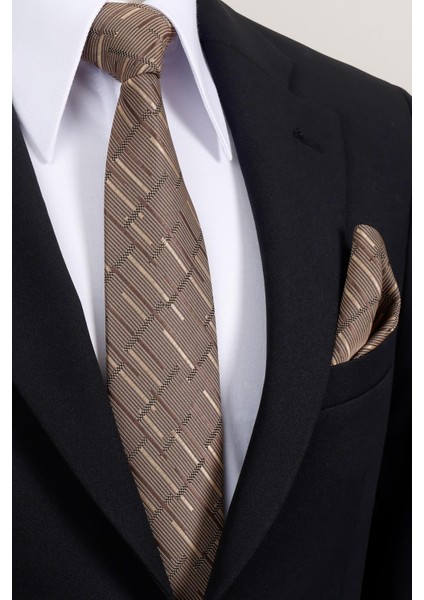 8 cm Hand Made Kahverengi - Bej Çizgili Desen Mendilli Kravat