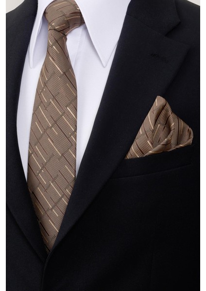 8 cm Hand Made Kahverengi - Bej Çizgili Desen Mendilli Kravat fiyatları