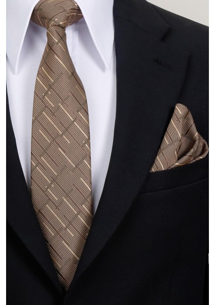 8 cm Hand Made Kahverengi - Bej Çizgili Desen Mendilli Kravat modelleri