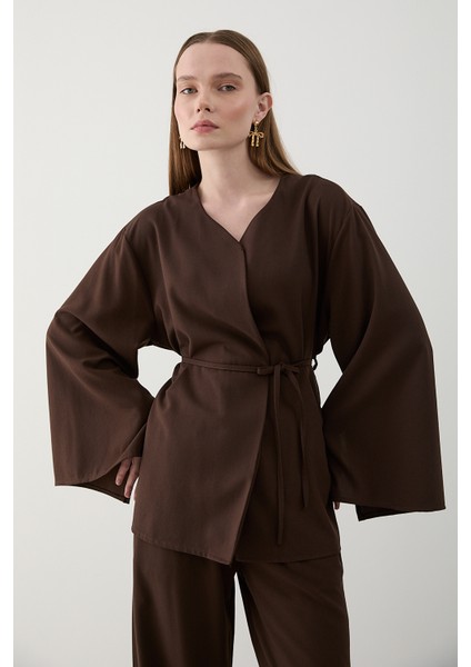 Kahverengi Ipli Kimono Takım - 8864