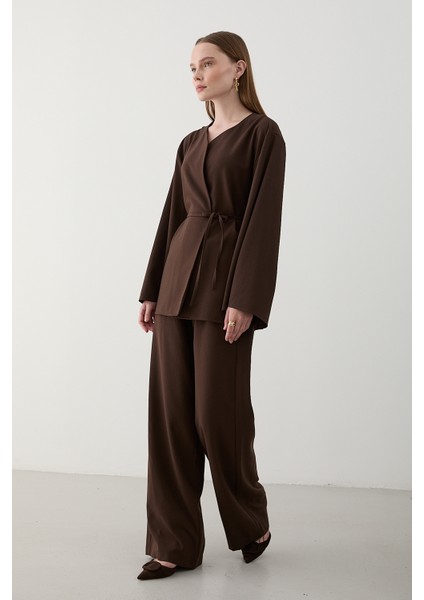 Kahverengi Ipli Kimono Takım - 8864