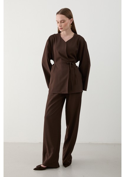 Kahverengi Ipli Kimono Takım - 8864