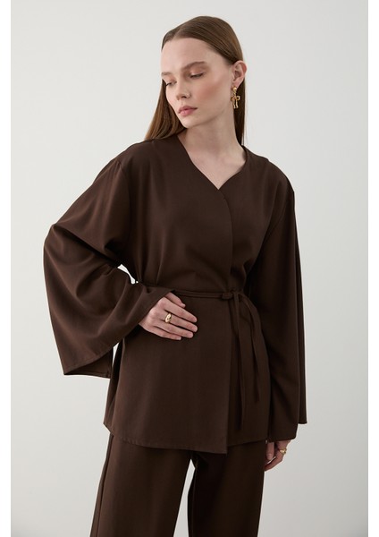 Kahverengi Ipli Kimono Takım - 8864