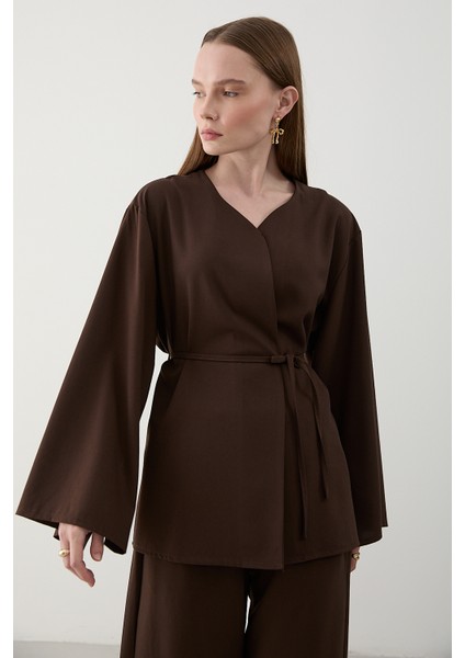 Kahverengi Ipli Kimono Takım - 8864