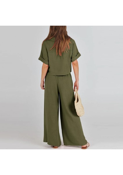 Ikili Takım V Yaka Kısa Kollu Salaş Rahat Elbise Zarif Kadin T-Shirt ve Uzun Pantolon Alt Üst modelleri