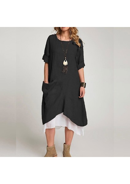 Keten Yazlık Günlük Tasarım Kadın Elbise