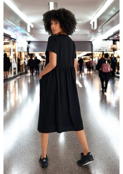 Beli Büzgülü V Yaka Keten Elbise modelleri