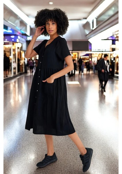 Beli Büzgülü V Yaka Keten Elbise indirimleri