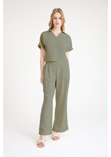 Keten Zarif Kadin T-Shirt ve Uzun Pantolon Alt Üst Ikili Takım V Yaka Kısa Kollu Salaş Rahat Haki Elbise
